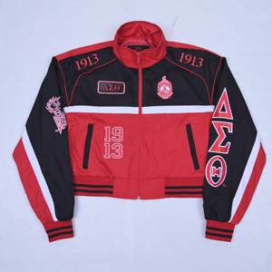 Veste de survêtement personnalisée de qualité supérieure avec logo, coupe courte, rouge et noir, fermeture éclair, style universitaire, pour femmes - Product Image 3