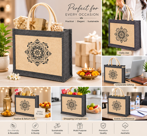 ถุงผ้าปอกระเจาแบบรักษ์โลก ลายแมนดาลา ขอบสีดำ สำหรับใส่ของขวัญ - Product Image 5