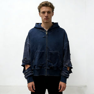 Sudadera con capucha extragrande para hombre OEM, azul marino, con cremallera, efecto desgastado, dobladillo sin rematar, bolsillos, forro polar, estilo casual urbano - Product Image 1