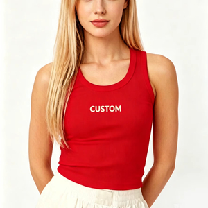 Custom Red Women's Cotton Tank <b>Top</b> Scoop Neck Casual Fitted Breathable Knitted Sleeveless Front Print - Product Image 3