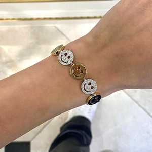 Happy Face Round Diamond Link <b>Bracelet</b> Wide Hip Hop 14K 18K Solid Gold 7 Inch Pave Set Statement Two Tone <b>Charm</b> Fine Jewelry - Product Image 5