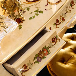 Tocador Clásico de Estilo Francés en Caoba con 4 Cajones y Espejo, Elegante Set de Tocador Tallado en Dorado Crema para Hotel, Villa o Dormitorio - Product Image 4