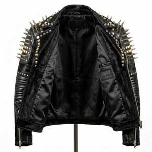Wholesale Custom Men Studded Punk <b>Leather</b> <b>Jacket</b> Manufacturer Heavy Metal Spikes Rockstar Genuine Cow Hide Fur Biker Coat - Product Image 4