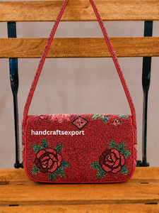 Handmade Beaded Floral Flap Crossbody Bag Women Bohemian Style Single Strap <b>Red</b> Shoulder Purse Daily Use - Product Image 2
