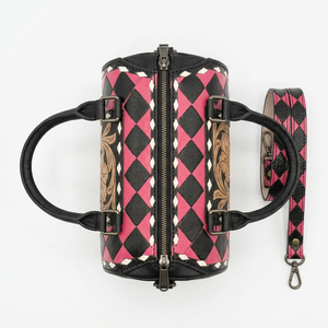 2026 New Luxury 100% Genuine <b>Leather</b> Mini Speedy <b>Duffle</b> <b>Bag</b> With Floral Tooling Pink With Black Checkered Pattern Zipper Closure - Product Image 3