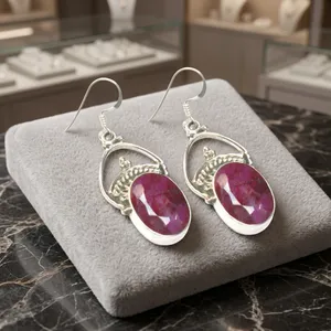 Pendientes de Plata 925 con Cuarzo Rubí en Forma de Gota, Joyería con Piedra Ovalada Engastada en Bisel para Mujer - Product Image 2