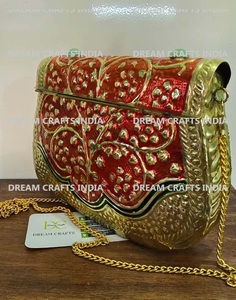 Classic DREAM CRAFTS INDIA Bag Metal Carved Multi Colouring Design Beautiful Dangling Chain Brass Clutch <b>Purse</b> Promotion - Product Image 3