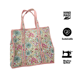 Sustainable Cotton Tote Bag Zipper Closure Handmade Floral Jaipur Block Print Shopping Bag For Work Travel Casual Gifting Office - Product Image 2