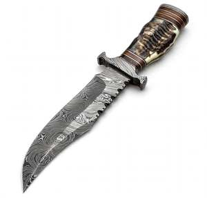 Cuchillo de exhibición de hoja fija de acero de Damasco con diseño de gota de lluvia, hecho a mano, con mango de asta de ciervo y nogal - Product Image 2