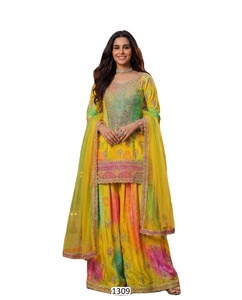 Ensemble Palazzo Traditionnel Indien Phool Bandhani pour Femme, Longueur Ras du Sol, avec Dupatta Brodé en Chinon à Séchage Rapide, Toutes Saisons, Coupe Classique - Product Image 1