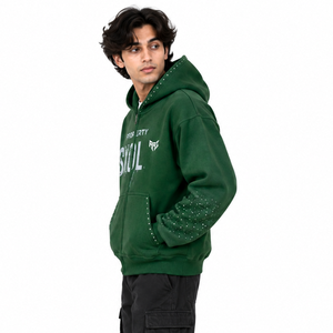เสื้อฮู้ดดี้ผู้ชายสีเขียวแบบซิป แต่งคริสตัล ไซส์ใหญ่ ผ้าฝ้ายฟลีซ สไตล์สตรีทแฟชั่น หรูหรา ขายส่ง - Product Image 2