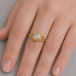 Natural Moonstone Oval Ring Gold Tone Filigree Band Vintage Style Handmade Elegant Designer Jewelry Ring for Women - Product Image 4