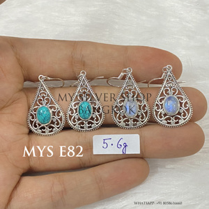 Boucles d'oreilles fines en argent sterling 925 avec cabochon en turquoise naturelle MYS-E82, prêtes à être expédiées, en stock, faible MOQ, bijoux indiens pour femmes - Product Image 1