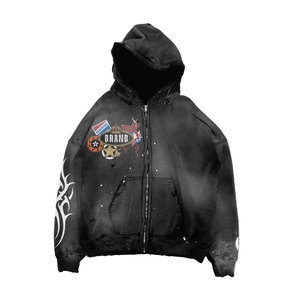 Custom Manufacturer Winter Sun Fade Distressed Long Sleeve Hooded Pullover Fleece Rhinestone Hoodie Men Acid Wash Zip Streetwear - Product Image 1