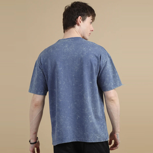เสื้อยืดโอเวอร์ไซส์สีน้ำเงินฟอกกรด ผู้ชาย ผ้าฝ้าย 100% เนื้อหนา สตรีทแวร์ ทรงหลวม ไหล่ตก คอกลม เสื้อยืดลำลอง - Product Image 6