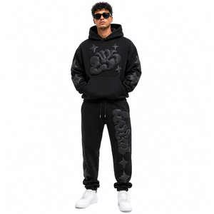 OEM Survêtement pour homme en coton épais, avec sweats à capuche à impression en relief et pantalons de jogging, coupe oversize, style streetwear, automne hiver, fabricant - Product Image 2