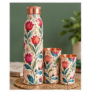 Artistic Copper Water <b>Bottle</b> with 2 Matching Cups <b>Pink</b> Floral Design Portable Drinkware Set for Travel - Product Image 5