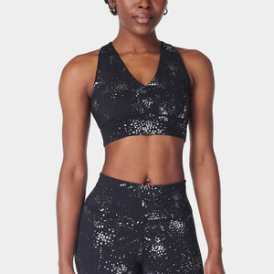 Sujetador deportivo sin costuras con cuello en V profundo para mujer, tirantes cruzados, malla sólida/a cuadros, alta sujeción, ropa de yoga y fitness, transpirable, de secado rápido - Product Image 1