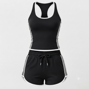 Women's <b>Set</b> Black Tank Top With Side Stripes Shorts Sleeveless Breathable <b>Knitted</b> Activewear Spring Summer Casual Wear - Product Image 1