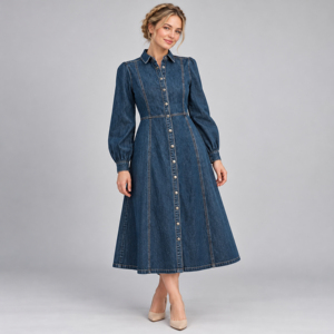 Vestido camisero midi de mezclilla azul para mujer con botones al frente, mangas abullonadas y bolsillos - Product Image 6