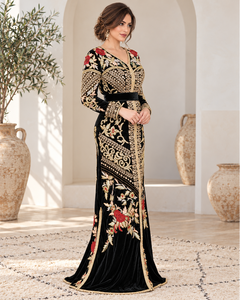 Mishkat Couture Moroccan Caftan Plum <b>Velvet</b> <b>Maxi</b> <b>Dress</b> Breathable Elegant Party Wear <b>Long</b> <b>Sleeves</b> Belt V Neck Flared Hem - Product Image 6