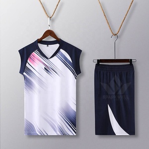 Ensemble de maillots de volley-ball pour femmes, blanc, marine et rose, col en V, sans manches, impression sublimée, polyester respirant, uniforme sportif - Product Image 1