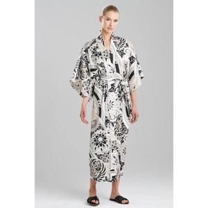 Bata Kimono de Satén para Mujer con Estampado Floral Blanco y Negro, Lujosa Ropa de Estar por Casa y Dormir de Longitud Media con Cinturón - Product Image 1
