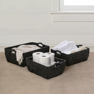 Farmhouse Handwoven Eco-Friendly Water Hyacinth Nesting Storage <b>Baskets</b> Wood <b>Handles</b> Bohemian Rustic Style Multifunction <b>Basket</b> - Product Image 5