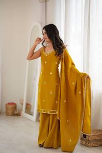 Pryosha Enterprise <b>Women</b> Haldi Yellow Sleeveless <b>Kurta</b> Mirror Embroidered Yoke Back Dori Sharara Suit All Seasons - Product Image 6