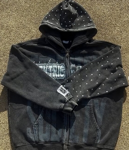 Sudadera con Capucha Negra para Hombre, Forro Polar, Cierre Frontal con Cremallera, Mangas con Estampado de Lunares, Estilo Casual para Otoño, Corte Regular - Product Image 1