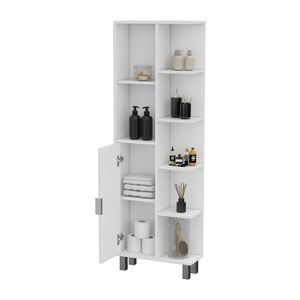 FM FURNITURE Armadio Quimby in Lino con 1 Porta e 9 Ripiani, Mobile da Bagno Bianco - Product Image 2