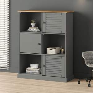 Librería Alta de Madera de Pino Sólido y Madera Sintética Gris con Detalles Metálicos - Product Image 1