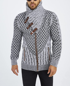 Cardigan en laine pour homme, col roulé, fermeture éclair, motif géométrique, manches longues, hiver, décontracté, épais, tricoté à la main - Product Image 1