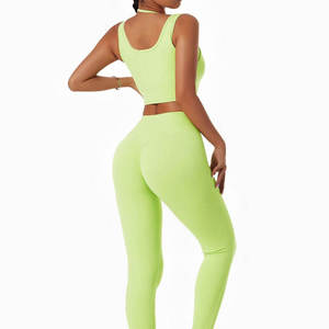Ensemble de yoga pour femmes, 2 pièces, haut court vert lime, leggings taille haute longueur intégrale, dos nageur, sans couture, en spandex et polyester - Product Image 6