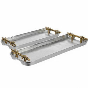 Bandeja de Servicio de Aluminio Plateado Brillante con Asas de Ramas Doradas, Vajilla para Servir Té y Café, para el Hogar y Restaurantes - Product Image 5