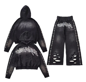 Conjunto de chándal de algodón grueso personalizado de moda, con efecto desgastado, lavado ácido y pedrería, que incluye sudadera con capucha con cremallera y pantalones de chándal. - Product Image 2