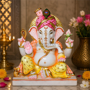 Estatua de Ganesha con turbante de mármol de 15 pulgadas |   Ídolo del Dios Ganesha Hecho a Mano con Pluma de Pavo Real |   Murti de Ganpati en Mármol Blanco Premium - Product Image 1