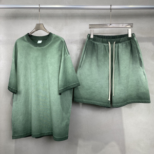ชุดเสื้อยืดและกางเกงขาสั้นผู้ชายสไตล์วินเทจผ้าฝ้าย 100% ระบายอากาศได้ดี ลวดลายย้อมสีแบบแอซิดวอช สำหรับฤดูร้อน - Product Image 4