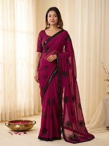 Indian Traditional Ethnic Beautiful Georgette Saree with Embroidery <b>Sequins</b> Work for Women Wedding <b>Party</b> Wear Elegant Outfit - Product Image 1