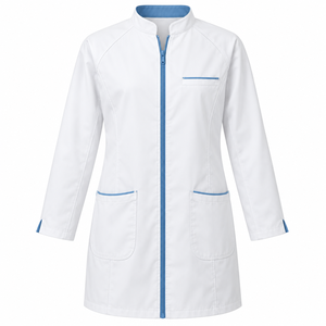 Blouse de laboratoire médicale unisexe, blanc pur, col mandarin, fermeture éclair bleue, uniforme de médecin, tenue de travail pour le personnel de clinique, vente en gros sur mesure - Product Image 1