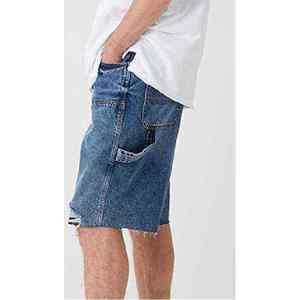 Men's Mid Waist Denim Bermuda Shorts Solid Color Cotton Fabric <b>Button</b> <b>Fly</b> Casual Style Breathable Woven Material Ripped Detail - Product Image 2
