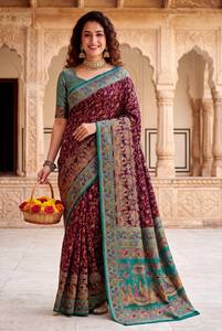 Sari en soie Pashmina Rajwadi, tissage de fils cachemiriens, pallu, bordure Zari lourde, doux, traditionnel, pour mariage et fêtes - Product Image 2