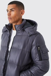 เสื้อแจ็คเก็ตบุนวมมีฮู้ดสำหรับผู้ชาย กันลมสำหรับฤดูหนาว สีพื้น ผ้าโพลีเอสเตอร์ ทรงปกติ สีเทา - Product Image 2