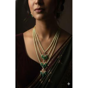 Magnifique ensemble de collier Mala à trois rangs en laiton plaqué or de haute qualité avec moissanite Ahemdabadi pour femme, idéal pour un cadeau de mariage ou une tenue de soirée - Product Image 1