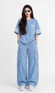 <b>Women</b> Light Blue 2 Piece Set Hooded Full Sleeve T-Shirt Wide Leg <b>Jogger</b> Pants Loose Casual Autumn Hoodie <b>Outfit</b> - Product Image 1