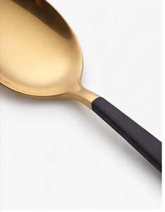 Juego de cubiertos modernos dorados con mangos negros, acabado espejo, resistentes al óxido, para vajilla de boda, restaurante y hotel. - Product Image 2