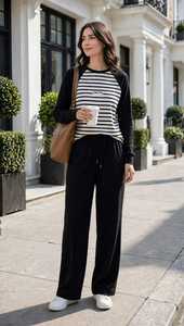 <b>Women's</b> Black <b>White</b> Striped Raglan Sweatshirt & Elastic Waist Wide Leg Pants 2 in 1 Lightweight Sports Casual <b>Tracksuit</b> Set - Product Image 5