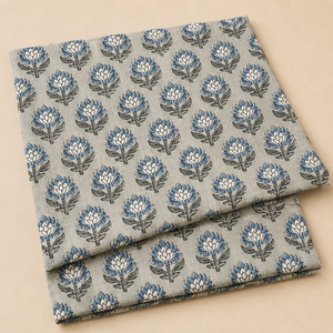 Tissu en coton imprimé à la main, motif floral lotus gris-bleu, doux et respirant, idéal pour la confection de robes, de kurtas et la décoration intérieure. - Product Image 3