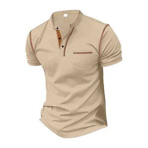 เสื้อเชิ้ตเฮนลีย์ผู้ชาย ผ้าฝ้ายถัก 100% แขนสั้น ทรงปกติ สีพื้นลำลอง มีกระเป๋าหน้าอก เย็บตะเข็บตัดสี ระบายอากาศได้ดี - Product Image 5