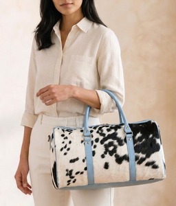 Cowhide <b>Duffel</b> <b>Bag</b> Weekender Travel Gym Tote Black and White Pattern Carry <b>Bag</b> - Product Image 4